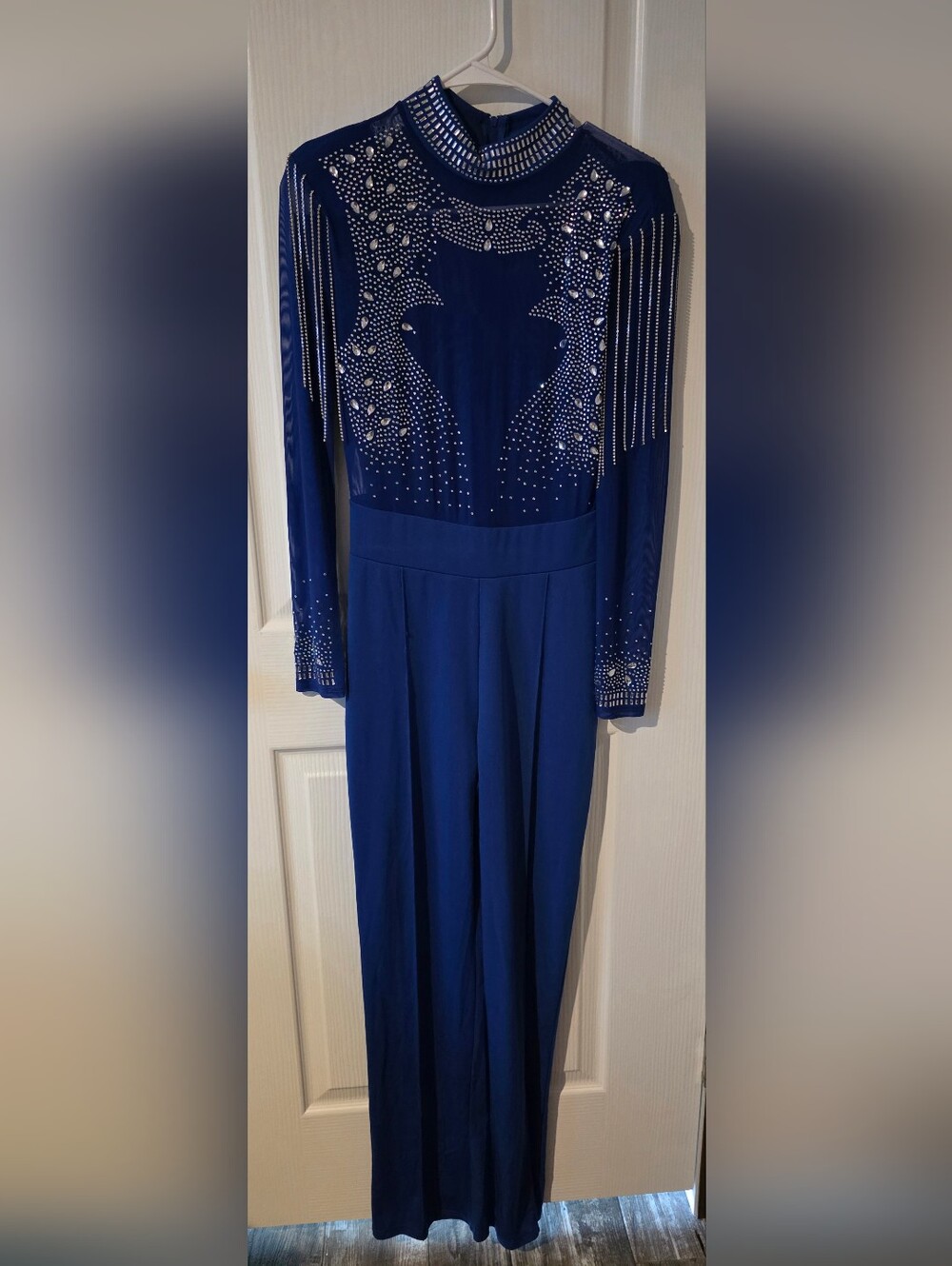Women's Royal Blue Long Sleeve Rhinestone Evening Pants Suit